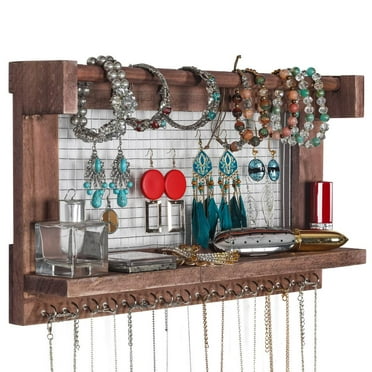 SOLIMINTR Hanging Jewelry Organizer Wall Mount Jewelry Holder with Rustic Wood Shelf Ear Studs Earring Holder Ring Display Box Rotating Necklace Holder Organizer SOLIMINTR Hanging Jewelry Organizer Wall Mount Jewelry Holder with Rustic Wood Shelf Ear Studs Earring Holder Ring Display Box Rotating Necklace Holder Organizer